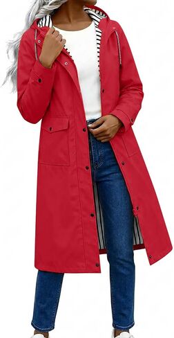 Womens Long Hooded Raincoats Waterproof Zip Up Long Sleeve Coats | Striped Lined Drawstring Waist Snap Button Jackets, Windproof Lightweight Rain Coat, Outdoor Travel Outerwear Clothes in Kuwait
