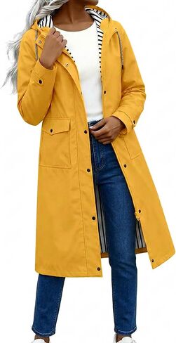 Womens Long Hooded Raincoats Waterproof Zip Up Long Sleeve Coats | Striped Lined Drawstring Waist Snap Button Jackets, Windproof Lightweight Rain Coat, Outdoor Travel Outerwear Clothes in Kuwait