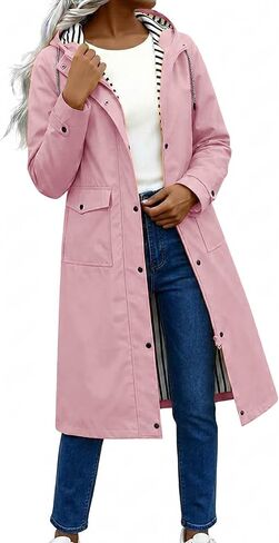 Womens Long Hooded Raincoats Waterproof Zip Up Long Sleeve Coats | Striped Lined Drawstring Waist Snap Button Jackets, Windproof Lightweight Rain Coat, Outdoor Travel Outerwear Clothes in Kuwait