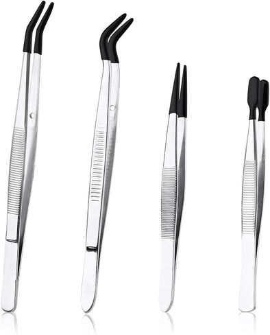 4pcs Tweezers with Rubber Tips, Stainless Steel Coated Tweezers Tools Includes Straight Tip Flat Long Curved Jewelry for Crafts Jewelry Making Lab (Black) in Kuwait