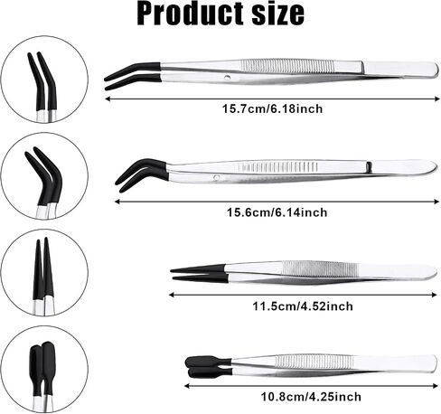 4pcs Tweezers with Rubber Tips, Stainless Steel Coated Tweezers Tools Includes Straight Tip Flat Long Curved Jewelry for Crafts Jewelry Making Lab (Black) in Kuwait