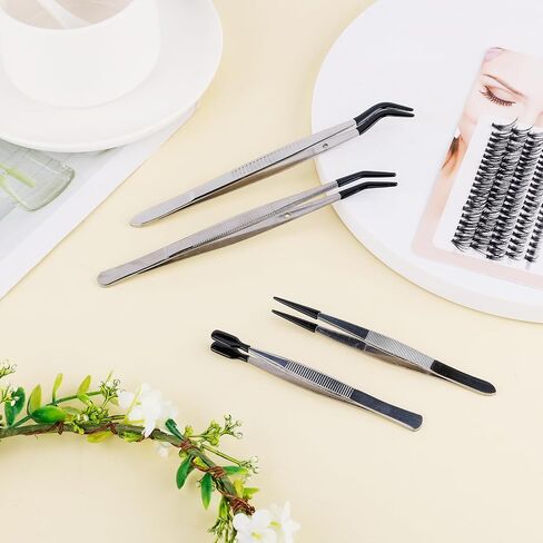 4pcs Tweezers with Rubber Tips, Stainless Steel Coated Tweezers Tools Includes Straight Tip Flat Long Curved Jewelry for Crafts Jewelry Making Lab (Black) in Kuwait