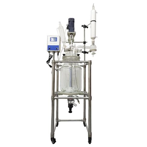 مفاعل زجاجي مغلف سعة 20 لتر 110 فولت مع ختم PTFE | GG-17 زجاج البورسليكات، سرعة متغيرة 50-500 دورة في الدقيقة، إطار من الفولاذ المقاوم للصدأ مع عجلات، صمام تفريغ آمن in Kuwait
