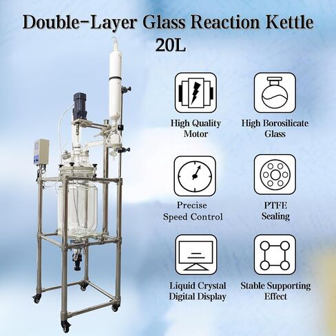 مفاعل زجاجي مغلف سعة 20 لتر 110 فولت مع ختم PTFE | GG-17 زجاج البورسليكات، سرعة متغيرة 50-500 دورة في الدقيقة، إطار من الفولاذ المقاوم للصدأ مع عجلات، صمام تفريغ آمن in Kuwait
