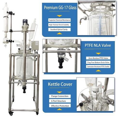 مفاعل زجاجي مغلف سعة 20 لتر 110 فولت مع ختم PTFE | GG-17 زجاج البورسليكات، سرعة متغيرة 50-500 دورة في الدقيقة، إطار من الفولاذ المقاوم للصدأ مع عجلات، صمام تفريغ آمن in Kuwait