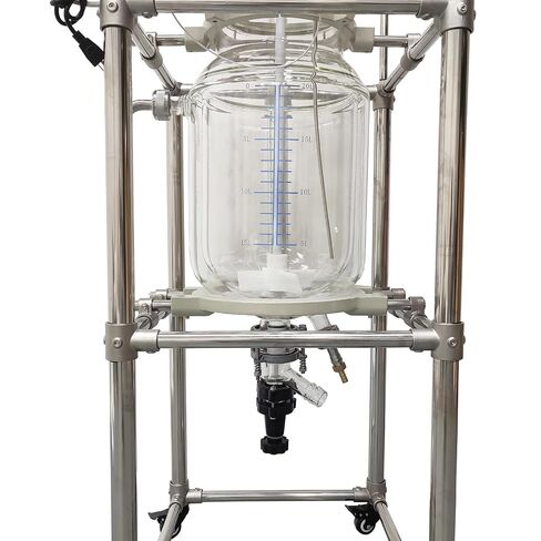 مفاعل زجاجي مغلف سعة 20 لتر 110 فولت مع ختم PTFE | GG-17 زجاج البورسليكات، سرعة متغيرة 50-500 دورة في الدقيقة، إطار من الفولاذ المقاوم للصدأ مع عجلات، صمام تفريغ آمن in Kuwait