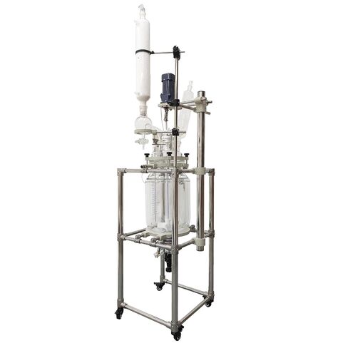 مفاعل زجاجي مغلف سعة 20 لتر 110 فولت مع ختم PTFE | GG-17 زجاج البورسليكات، سرعة متغيرة 50-500 دورة في الدقيقة، إطار من الفولاذ المقاوم للصدأ مع عجلات، صمام تفريغ آمن in Kuwait