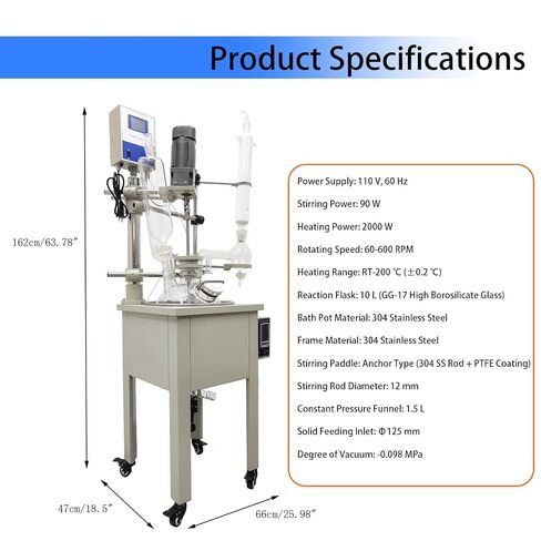 10L Single Layer Glass Reactor Distillation Mixer 110V | 2000W Heating, RT-200℃±0.2℃. 304 SS Bath, GG17 Flask, PTFE Seal, Dual Display, 1.5L Funnel, Vacuum -0.098Mpa in Kuwait