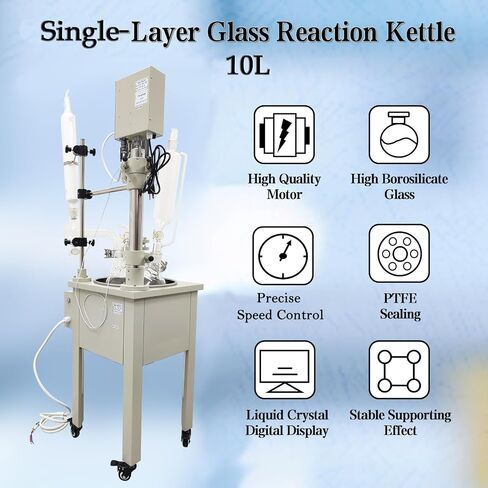 10L Single Layer Glass Reactor Distillation Mixer 110V | 2000W Heating, RT-200℃±0.2℃. 304 SS Bath, GG17 Flask, PTFE Seal, Dual Display, 1.5L Funnel, Vacuum -0.098Mpa in Kuwait