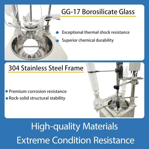 10L Single Layer Glass Reactor Distillation Mixer 110V | 2000W Heating, RT-200℃±0.2℃. 304 SS Bath, GG17 Flask, PTFE Seal, Dual Display, 1.5L Funnel, Vacuum -0.098Mpa in Kuwait