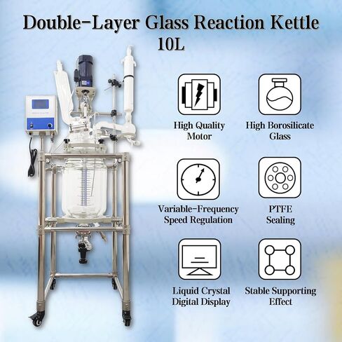 10L Double-Layer Glass Reaction Kettle with Digital Display | GG-17 glass, -80~200°C. PTFE seal, 0-500RPM stirrer, S-coil condenser. Mobile frame, for chemical & laboratory R&D. 110V in Kuwait