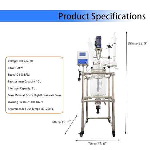 10L Double-Layer Glass Reaction Kettle with Digital Display | GG-17 glass, -80~200°C. PTFE seal, 0-500RPM stirrer, S-coil condenser. Mobile frame, for chemical & laboratory R&D. 110V in Kuwait