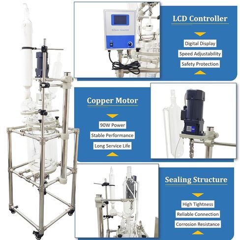 10L Double-Layer Glass Reaction Kettle with Digital Display | GG-17 glass, -80~200°C. PTFE seal, 0-500RPM stirrer, S-coil condenser. Mobile frame, for chemical & laboratory R&D. 110V in Kuwait