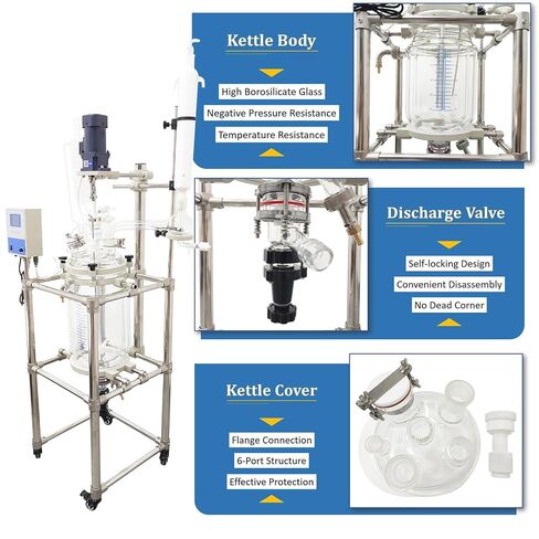10L Double-Layer Glass Reaction Kettle with Digital Display | GG-17 glass, -80~200°C. PTFE seal, 0-500RPM stirrer, S-coil condenser. Mobile frame, for chemical & laboratory R&D. 110V in Kuwait