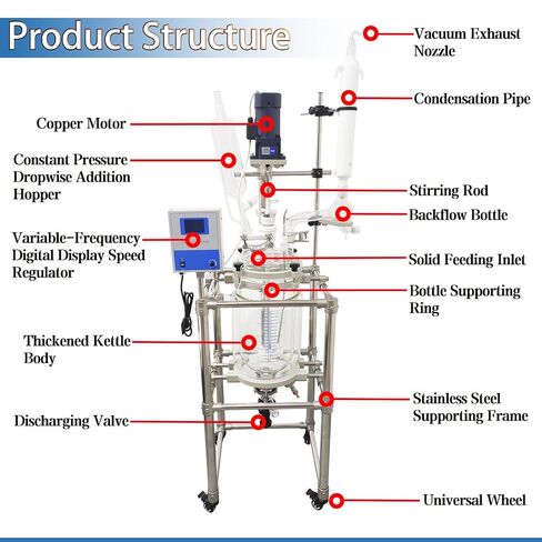 10L Double-Layer Glass Reaction Kettle with Digital Display | GG-17 glass, -80~200°C. PTFE seal, 0-500RPM stirrer, S-coil condenser. Mobile frame, for chemical & laboratory R&D. 110V in Kuwait