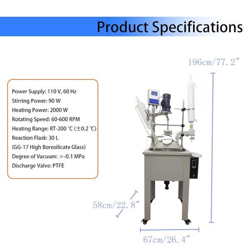 30L Single Layer Glass, Reactor RT-200°C 110V with PTFE Seal | 304 stainless steel bath with 2000W heating, GG17 glass, Vacuum level ≥－0.1Mpa, for chemical & laboratory R&D. in Kuwait