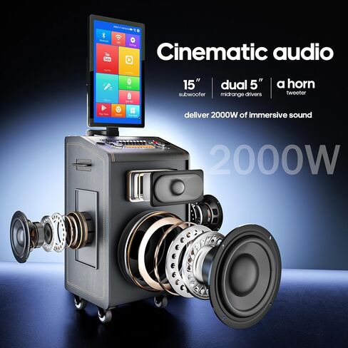 Smart Karaoke Machine with 23.8Inch Touch Screen & Lyrics Display, Up to 2000W Powerful Speaker, Super Deep Bass Sound for Home Party, Outdoor - Perfect for Adults, Kids, Singers & Music Lovers in Kuwait