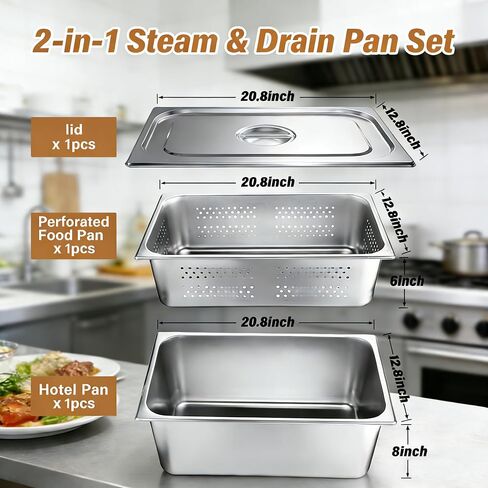 Dyna-Living Full Size 6 Inch, 8 Inch Hotel Pan Perforated Steam Table Pans with Lid Stainless Steel Chafing Dish Pans Commercial Food Pan for Catering Buffet Hotel Home Restaurant Supplies-3 Piece Set in Kuwait