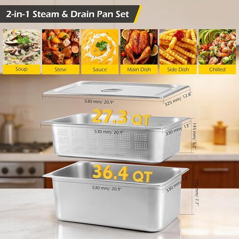 Dyna-Living Full Size 6 Inch, 8 Inch Hotel Pan Perforated Steam Table Pans with Lid Stainless Steel Chafing Dish Pans Commercial Food Pan for Catering Buffet Hotel Home Restaurant Supplies-3 Piece Set in Kuwait