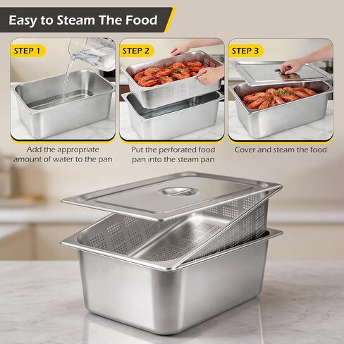 Dyna-Living Full Size 6 Inch, 8 Inch Hotel Pan Perforated Steam Table Pans with Lid Stainless Steel Chafing Dish Pans Commercial Food Pan for Catering Buffet Hotel Home Restaurant Supplies-3 Piece Set in Kuwait