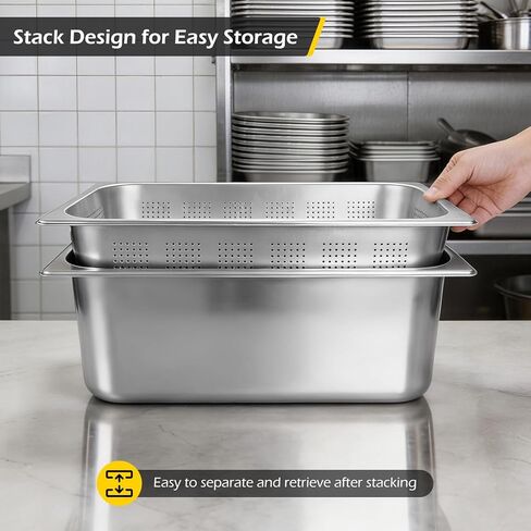 Dyna-Living Full Size 6 Inch, 8 Inch Hotel Pan Perforated Steam Table Pans with Lid Stainless Steel Chafing Dish Pans Commercial Food Pan for Catering Buffet Hotel Home Restaurant Supplies-3 Piece Set in Kuwait