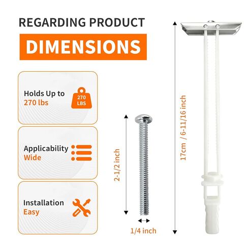 Heavy Duty Drywall Anchor Bolts Kit – 1/4"-20 with Included Bolts, Holds 270lbs Each in 1/2" Drywall, Ideal for TV Mounting & Shelves, Hollow Wall Anchors, 12 Packs in Kuwait
