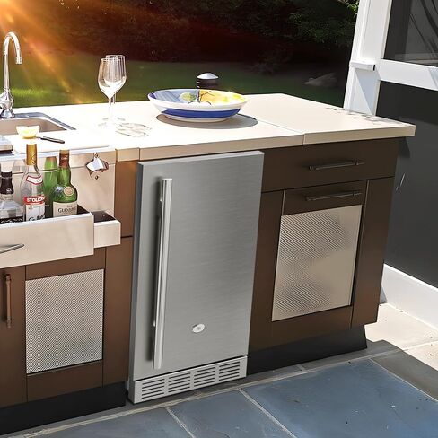 15 Inch Outdoor Refrigerator, Weather Proof Stainless Steel Beverage Beer Cooler Under Counter Fridge, Indoor/Outdoor Refrigerator with 3 Shelves for Patio Kitchen and Commercial Use in Kuwait