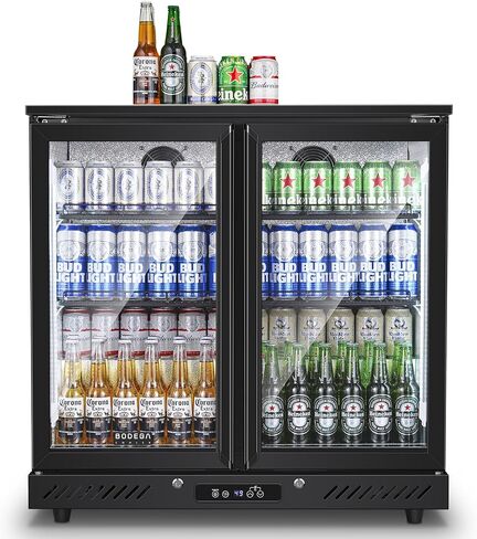BODEGACOOLER 35.4 Inch Under Counter Beverage Refrigerator, 2 Door Back Bar Cooler, Dual Zone 32–50°F, 7.4 Cu.Ft Built-in or Freestanding Glass Door Fridge with LED Lighting, Holds 216 Cans/62 Bottles in Kuwait