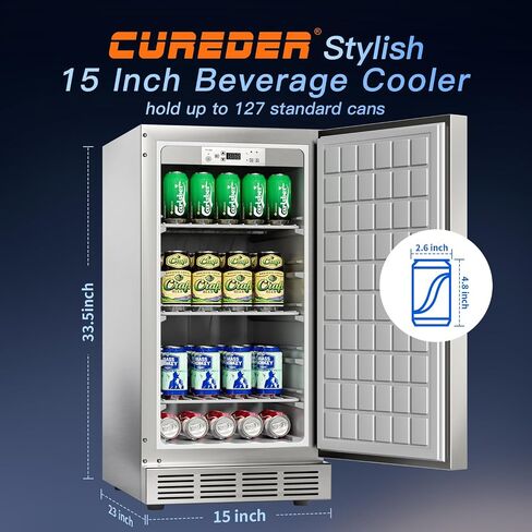 15 Inch Outdoor Refrigerator, Weather Proof Stainless Steel Beverage Beer Cooler Under Counter Fridge, Indoor/Outdoor Refrigerator with 3 Shelves for Patio Kitchen and Commercial Use in Kuwait