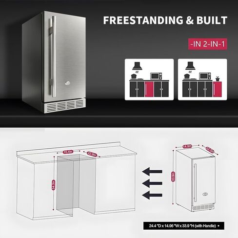 15 Inch Outdoor Refrigerator, Weather Proof Stainless Steel Beverage Beer Cooler Under Counter Fridge, Indoor/Outdoor Refrigerator with 3 Shelves for Patio Kitchen and Commercial Use in Kuwait