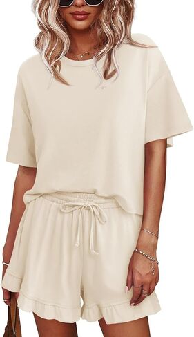 Tankaneo Womens Pajamas Set Lounge Sets Cropped Short Sleeve T Shirts Drawstring Ruffle Shorts Soft Sleepwear in Saudi Arabia