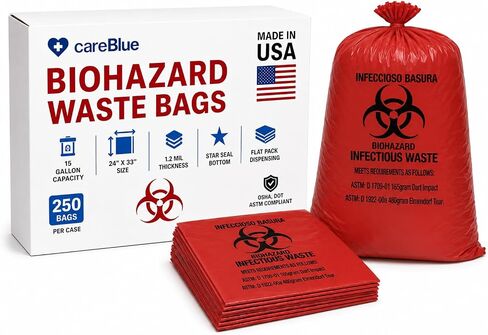 Biohazard Bags, 15 Gallon, 24 x 33 in, 1.2 Mil, 250 Count, Red - No Leak, Medical Grade, Safe Infectious Waste Disposal in Kuwait