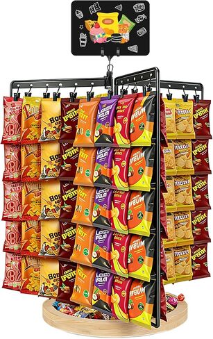 Chip Rack Display Stand, 360° Rotating 6-Sided Chip Holder Display for Countertop with 75 Adjustable Clips, Wooden Base Tray, DIY Message Board & Pen, Snack Display Rack for Concession Stand, Retail, Office, Parties in Kuwait