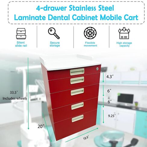 Mobile Dental Storage Cabinet with Lockable Wheels, 4-Drawer Stainless Steel Laminate Cart for Clinics Hospitals Labs, Portable Utility Trolley (Red) in Kuwait