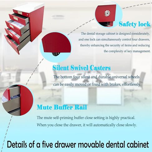 Mobile Dental Storage Cabinet with Lockable Wheels, 4-Drawer Stainless Steel Laminate Cart for Clinics Hospitals Labs, Portable Utility Trolley (Red) in Kuwait