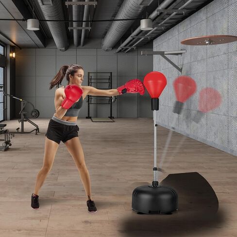 حقيبة سرعة GYMAX مع حامل، كيس ملاكمة بقاعدة 62 بوصة مع 6 أكواب شفط | ارتفاع قابل للتعديل، قاعدة ثابتة وقفازات ملاكمة، كرة سرعة منعكسة سريعة الاستجابة للمراهقين والبالغين وتخفيف التوتر واللياقة البدنية in Kuwait