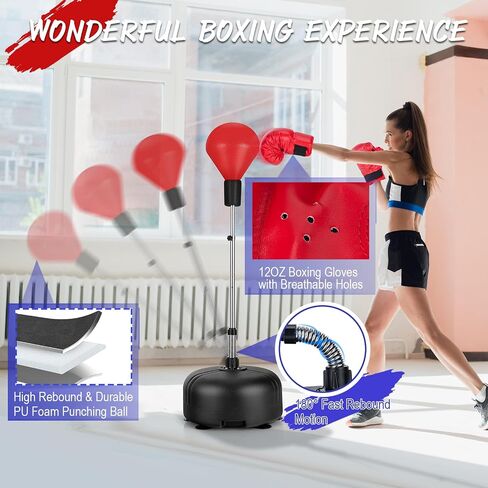 حقيبة سرعة GYMAX مع حامل، كيس ملاكمة بقاعدة 62 بوصة مع 6 أكواب شفط | ارتفاع قابل للتعديل، قاعدة ثابتة وقفازات ملاكمة، كرة سرعة منعكسة سريعة الاستجابة للمراهقين والبالغين وتخفيف التوتر واللياقة البدنية in Kuwait