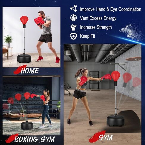 حقيبة سرعة GYMAX مع حامل، كيس ملاكمة بقاعدة 62 بوصة مع 6 أكواب شفط | ارتفاع قابل للتعديل، قاعدة ثابتة وقفازات ملاكمة، كرة سرعة منعكسة سريعة الاستجابة للمراهقين والبالغين وتخفيف التوتر واللياقة البدنية in Kuwait