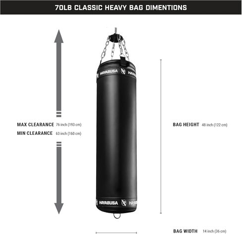 Hayabusa Classic Heavy Bag Pre-Filled Design and Specialized Hanging System - Black, 70lb in Kuwait