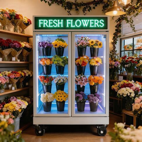 Commercial Flower Refrigerator Floral Display Cooler, 2 Glass Doors Fridge With LED Light Adjustable Shelves,ETLSanitation Approval,40" Wide, Adjustable Shelves & Wheels Included in Kuwait