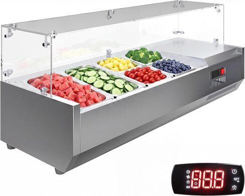 محطة إعداد البهارات المبردة من Garvee، طاولة إعداد كونترتوب 130 وات مع مقلاة 1 1/3 و4 1/6 مقالي، أغطية كمبيوتر من الفولاذ المقاوم للصدأ 304، محطة إعداد سلطة الساندويتش مع واقي زجاجي، معتمدة من ETL in Kuwait