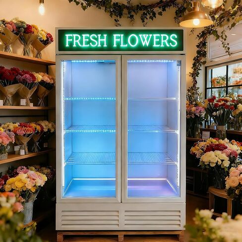 Commercial Flower Refrigerator Floral Display Cooler, 2 Glass Doors Fridge With LED Light Adjustable Shelves,ETLSanitation Approval,40" Wide, Adjustable Shelves & Wheels Included in Kuwait