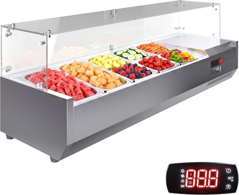 محطة إعداد البهارات المبردة من Garvee، طاولة إعداد كونترتوب 130 وات مع مقلاة 1 1/3 و4 1/6 مقالي، أغطية كمبيوتر من الفولاذ المقاوم للصدأ 304، محطة إعداد سلطة الساندويتش مع واقي زجاجي، معتمدة من ETL in Kuwait