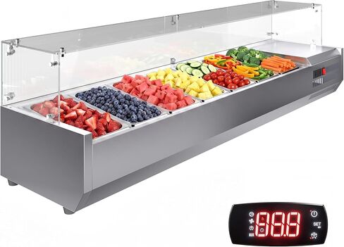 محطة إعداد البهارات المبردة من Garvee، طاولة إعداد كونترتوب 130 وات مع مقلاة 1 1/3 و4 1/6 مقالي، أغطية كمبيوتر من الفولاذ المقاوم للصدأ 304، محطة إعداد سلطة الساندويتش مع واقي زجاجي، معتمدة من ETL in Kuwait