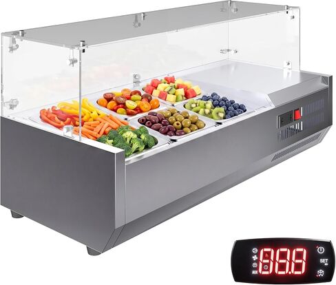 محطة إعداد البهارات المبردة من Garvee، طاولة إعداد كونترتوب 130 وات مع مقلاة 1 1/3 و4 1/6 مقالي، أغطية كمبيوتر من الفولاذ المقاوم للصدأ 304، محطة إعداد سلطة الساندويتش مع واقي زجاجي، معتمدة من ETL in Kuwait