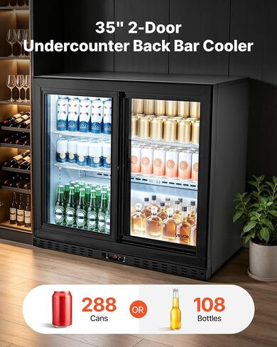 VEVOR Back Bar Cooler, 7.4 Cu. Ft Commercial Beverage Refrigerator, Under Counter Bar Fridge with 2 Sliding Doors, LED Lighting, Adjustable Shelves, Low-E Glass Display Cooler for Beer, Wine, Drink in Kuwait