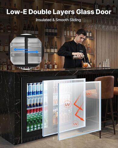VEVOR Back Bar Cooler, 7.4 Cu. Ft Commercial Beverage Refrigerator, Under Counter Bar Fridge with 2 Sliding Doors, LED Lighting, Adjustable Shelves, Low-E Glass Display Cooler for Beer, Wine, Drink in Kuwait