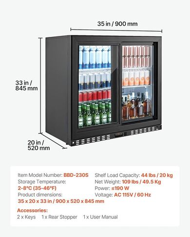 VEVOR Back Bar Cooler, 7.4 Cu. Ft Commercial Beverage Refrigerator, Under Counter Bar Fridge with 2 Sliding Doors, LED Lighting, Adjustable Shelves, Low-E Glass Display Cooler for Beer, Wine, Drink in Kuwait