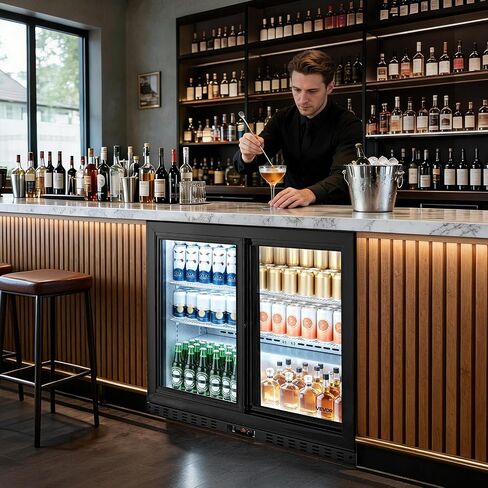VEVOR Back Bar Cooler, 7.4 Cu. Ft Commercial Beverage Refrigerator, Under Counter Bar Fridge with 2 Sliding Doors, LED Lighting, Adjustable Shelves, Low-E Glass Display Cooler for Beer, Wine, Drink in Kuwait