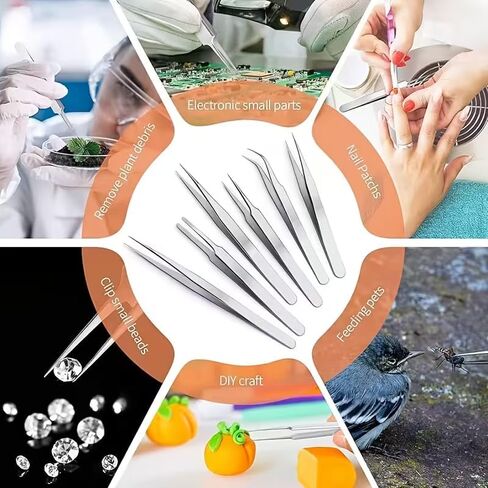 6 قطعة مجموعة ملاقط دقيقة طقم ملاقط من الفولاذ المقاوم للصدأ مع أطراف مستقيمة ومنحنية لإصلاح أدوات هواية الإلكترونيات اليدوية in Kuwait